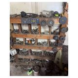 Assorted Hardware and Shop Supplies Lot with Wooden Storage Rack