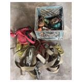 Assorted Ratchet Straps and Tie-Downs in Plastic Crate