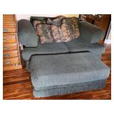 Green Corduroy Sofa and Ottoman Set with Multi-Color Accent Pillows