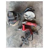 Assorted Electric Power Tools Including Milwaukee Drill Grinder Black and Decker Circular Saw and Wen Car Waxer
