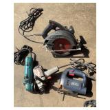 Assorted Electric Power Tools Lot including Skilsaw, Makita Disc Grinder, GMC Jigsaw, and Electro Sander Polisher