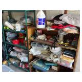 Garage Storage Shelving Lot with Assorted Household Goods and Collectibles