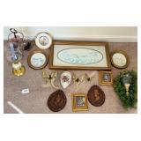 Assorted Home Decor Collection Featuring Framed Art, Wall Sconces, and Decorative Glass