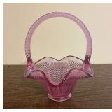 Pink Slag Glass Basket with Ruffled Rim and Twisted Handle