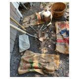 Collection of Farm Tools and Burlap Potato Sacks