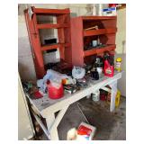 Shelving Unit with Workbench and Assorted Garage Contents
