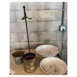 Metal Small-Item Lot including Enamelware Bowls, Metal Can, Small Bucket, and Cast Iron Stand