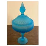 Blue Frosted Glass Covered Compote Pedestal Dish