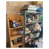 Shelving Unit with Assorted Kitchenware, Household Cleaners, and Storage Items