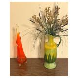 Royal Haeger Green and Yellow Drip Glaze Pitcher Vase with Orange Art Glass Footed Bud Vase