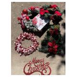 Assorted Christmas Decor Including Wreaths and Sign