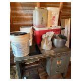 Industrial Steel Desk with Assorted Coolers, Buckets, and Shed Supplies