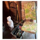 Mixed Shed Lot with Padded Folding Chair, Concrete Figures, and Garden Tools
