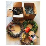 Holiday Decor Lot with Wreaths, Lights, and Figurines