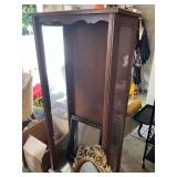Wooden Display Cabinet with Glass Door, Ornate Gold Wall Mirror, and Picture Frame