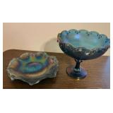 2 Pieces of Iridescent Blue Carnival Glass