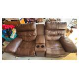 Brown Leather Reclining Loveseat with Center Console