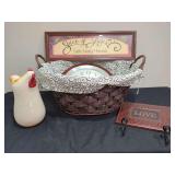 Home Decor Assortment Including Bulova Quartz Clock, Ceramic Rooster Pitcher, Woven Basket, Love Wall Hook Board, and Spice of Life Sign