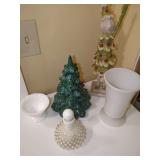Table Decor Items Including Milk Glass Vases, Ceramic Christmas Tree, and Hobnail Perfume Bottle
