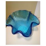 Aqua Blue Textured Glass Bowl with Ruffled Rim