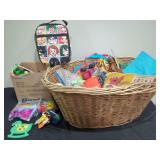Assorted Childrens Toys and Play Items in Woven Basket and Box