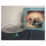 Anchor Hocking Holiday Cheer Glass Divided Platter with Green Foot in Original Box