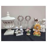 Assorted Decorative Figurines, Lidded Urn, and Place Card Holders