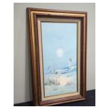 R. Lindstrom Original Coastal Landscape Painting with Lighthouse and Boat
