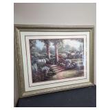 Framed Garden Landscape Print under Glass with Ornate Silver-Tone Frame