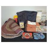Household Goods and Decor Assortment Including Handbags, Quilt, and Shower Curtain