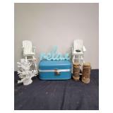 Coastal Beach Themed Decorative Lot Including Blue Train Case, Lifeguard Chairs, and Coral Accents