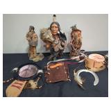 Collection of Native American Themed Resin Sculptures, Leather Pouch, Dream Catchers, and Horseshoe Decor