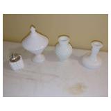 White Glass Items Comprising Covered Compote, Lighter, Vase, and Candle Holder