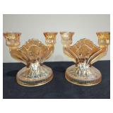 Marigold Iridescent Carnival Glass Two-Light Candle Holders, Pair