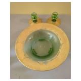 Green Glass Bowl and Candlestick Pair with Gilt Overlay