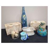 Ocean Themed Decor Assortment Including Wooden Boxes, Glass Jar with Shells, and Sculptures