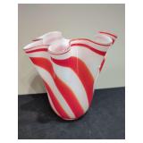 Red and White Swirl Art Glass Ruffled Rim Vase