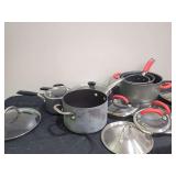 Mixed Brand Cookware Assortment Including Calphalon Rachael Ray and Copper Chef Pots and Lids