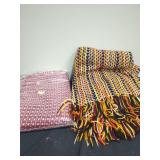 Two Woven Textiles Including Red and White Patterned Blanket and Multicolored Fringe Throw