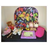 Assorted Collection of Collectible Porcelain Dolls, Stuffed Animals, Decor, and Accessories