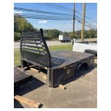 Black Steel Flatbed Truck Bed with Integrated Toolboxes and Headache Rack
