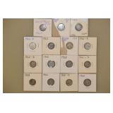 15 Barber, Mercury, & Roosevelt 99% Silver Dimes,