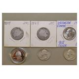 2 Barber Silver Quarters, 3 Washington Silver Quarters, & 1 Washington Proof (Copy),