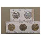 5 Real Nice 90% Silver Franklin Half Dollars,