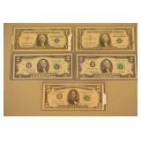 1957  $1 Star Note, 1935–G $1 Note, Two 1976 $2 Notes, & 1950-C $5 Note,