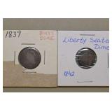 1837 Liberty Bust Dime & 1842 Liberty Seated Half Dime,