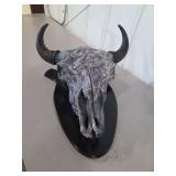 Camo Pattern Skull Mount with Black Horns on Wooden Plaque