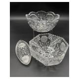 2 Cut Glass Bowls And 1 Cut Glass Serving Tray