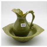 Haeger Olive Green Pitcher And Washbowl