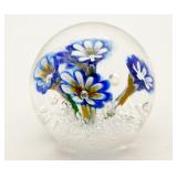 Glass Paperweight With Blue/White Flowers